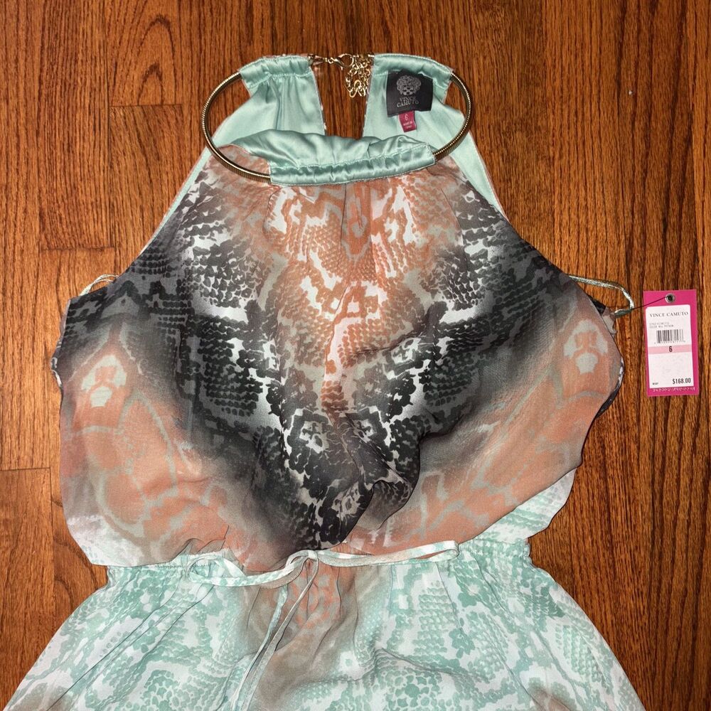 VINCE CAMUTO NWT S6 Womens Maxi Dress Snakeskin Print Green Orange Metal Neck
